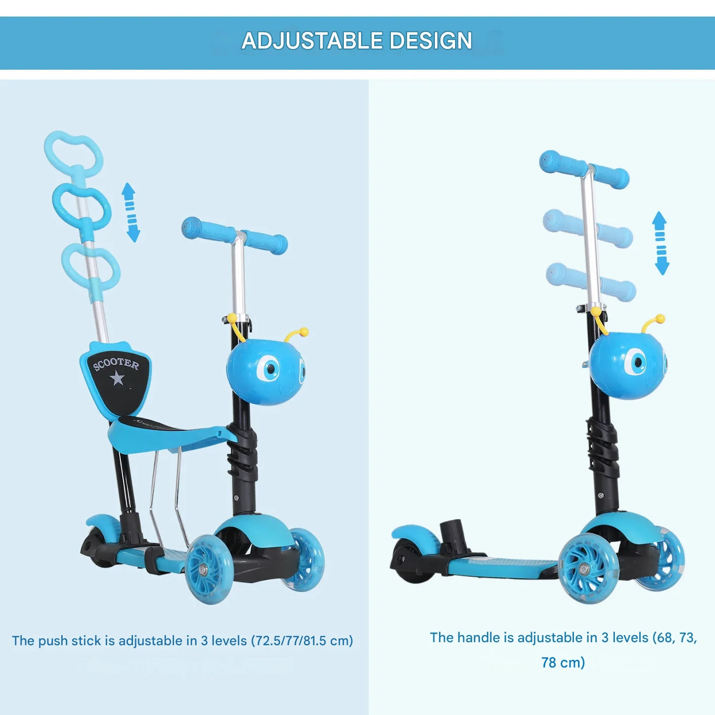 Scooter - Kinderstep - Cityroller - voor Kinderen - 3 jaar - met Verwijderbare Zitting - In Hoogte Verstelbaar - voor Buiten - Parken - 62 x 25 x 72.5 cm - Blauw