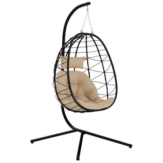 Hangstoel in Ei-vorm - Egg Hangstoel - Hangstoel Ei - Tuin Schommelstoel - met Standaard - Opvouwbare Mand - Inclusief Kussen - en Hoofdkussen - 198x98x95cm - voor Buiten - Terrasdecoratie - Balkon - Khaki