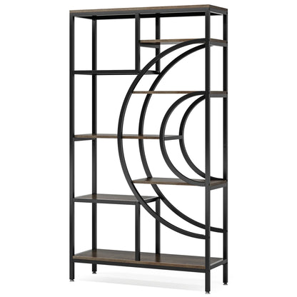 Boekenkast – Open Kast – Plankenrek – Opbergmeubel – Houten Frame – Industrieel Metalen Frame – 8-Laags Geometrisch Design - Bruin