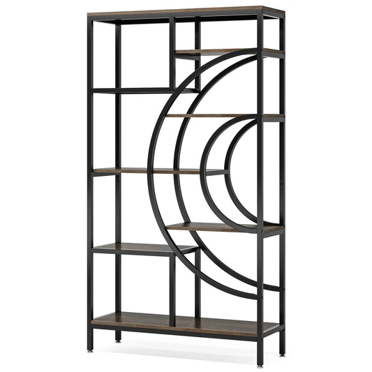 Boekenkast – Open Kast – Plankenrek – Opbergmeubel – Houten Frame – Industrieel Metalen Frame – 8-Laags Geometrisch Design - Bruin
