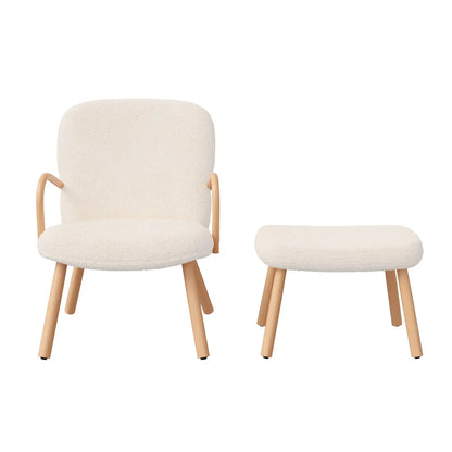 Fauteuil – Stoel – Relaxfauteuil – Zetel – Bijpassende Voetenbank – Teddy Fleece Bekleding – Houten Frame