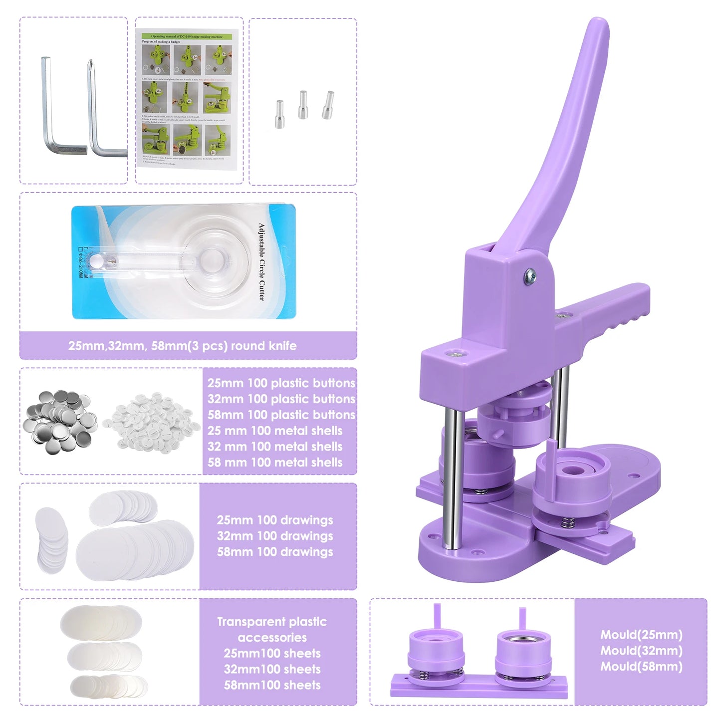 Knop Maker Machine - Knopenmachine - knop Badge Maker - Badge   Pin Maker - handmatige machine - 25Mm, 32Mm, 58Mm - Purple