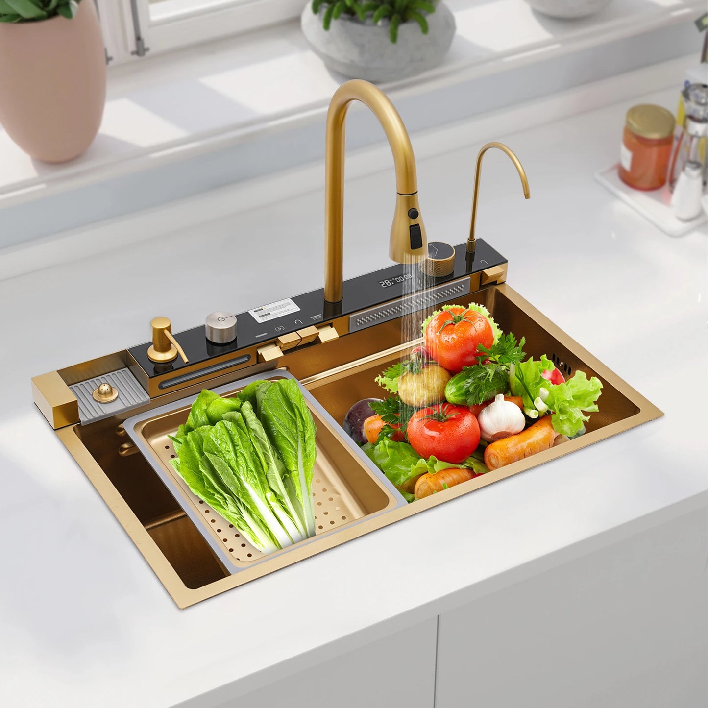 Digitale Keukenspoelbak – Uitrekbare Kraan – Ingebouwd Display – Roestvrij Staal – Nano-Coating – Zeepdispenser 500 Ml – Overloopbeveiliging