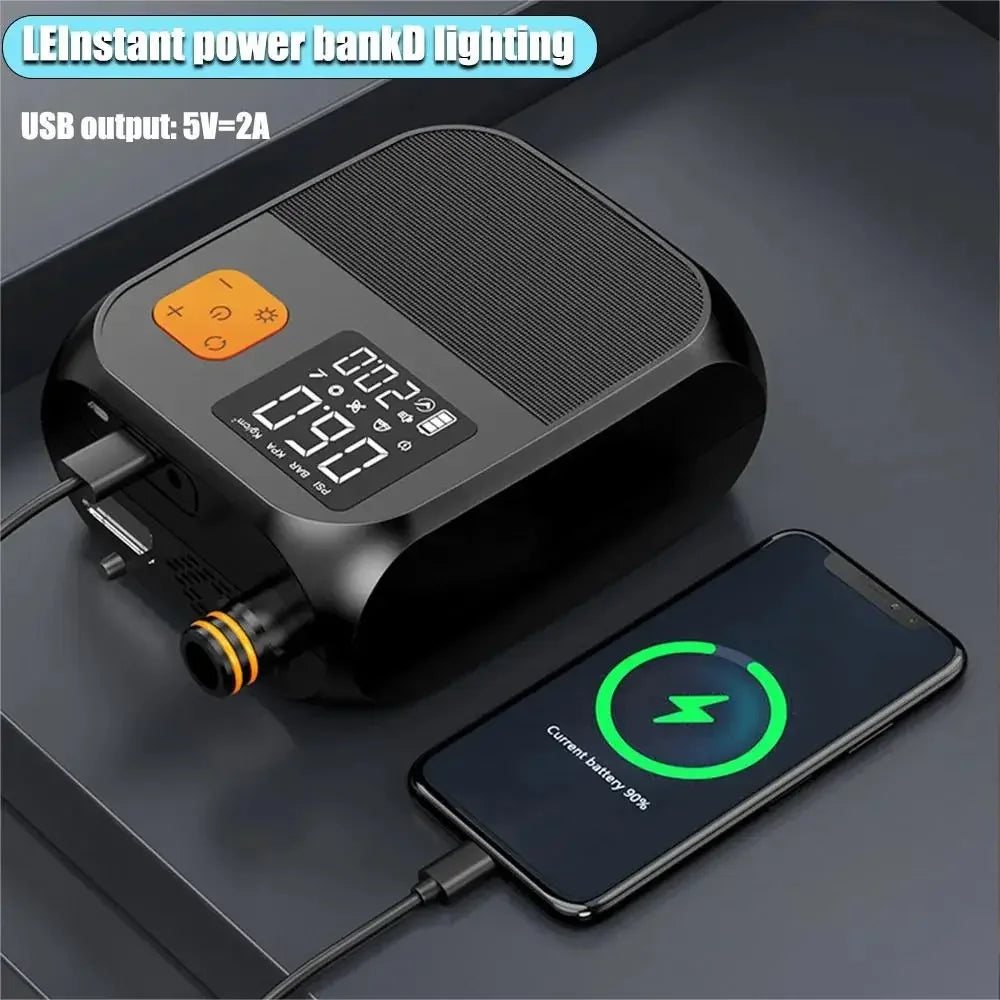 Luchtpomp - Luchtcompressor - Elektrische Fietspomp - Draagbare Digitale Elektrische Luchtpomp - 80W - Oplaadbare 8000mAh Batterij - LED Verlichting, Voor Opblaasmaterialen - Zwart - QUORE