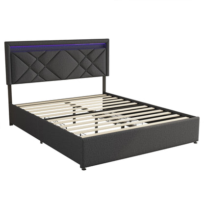 Comanlai 140x200cm/160x200cm Upholstered Bed with 4 Drawers,Headboard with USB Charging Port and LED Lighting,Double Bed,Linen