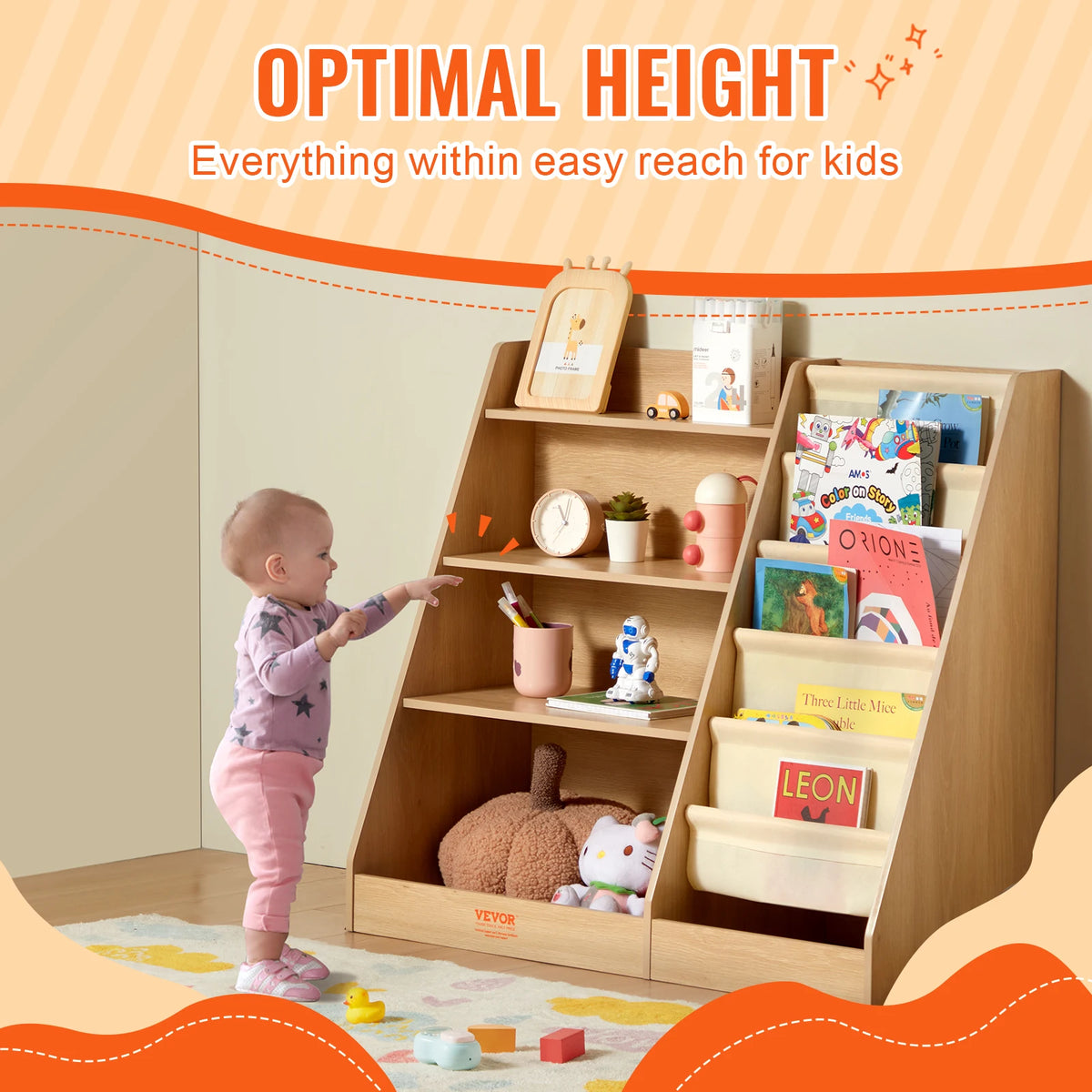 Bookcases - Bookshelf - Wall Shelf - Bookshelf - Storage Rack Organizer - 4-Tier - Wooden Bookshelf - Six-Layer Sling Bookcase - for Kids Room Playroom Preschool Daycare