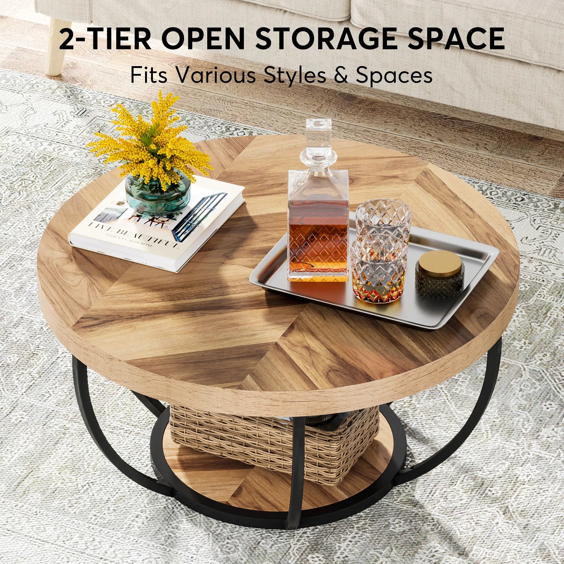 Ronde Salontafel – Bijzettafel – Koffietafel – Woonkamertafel – Houten Tafel – 80 Cm Diameter – Stevige Metalen Poten - Grijs en Zwart - QUORE
