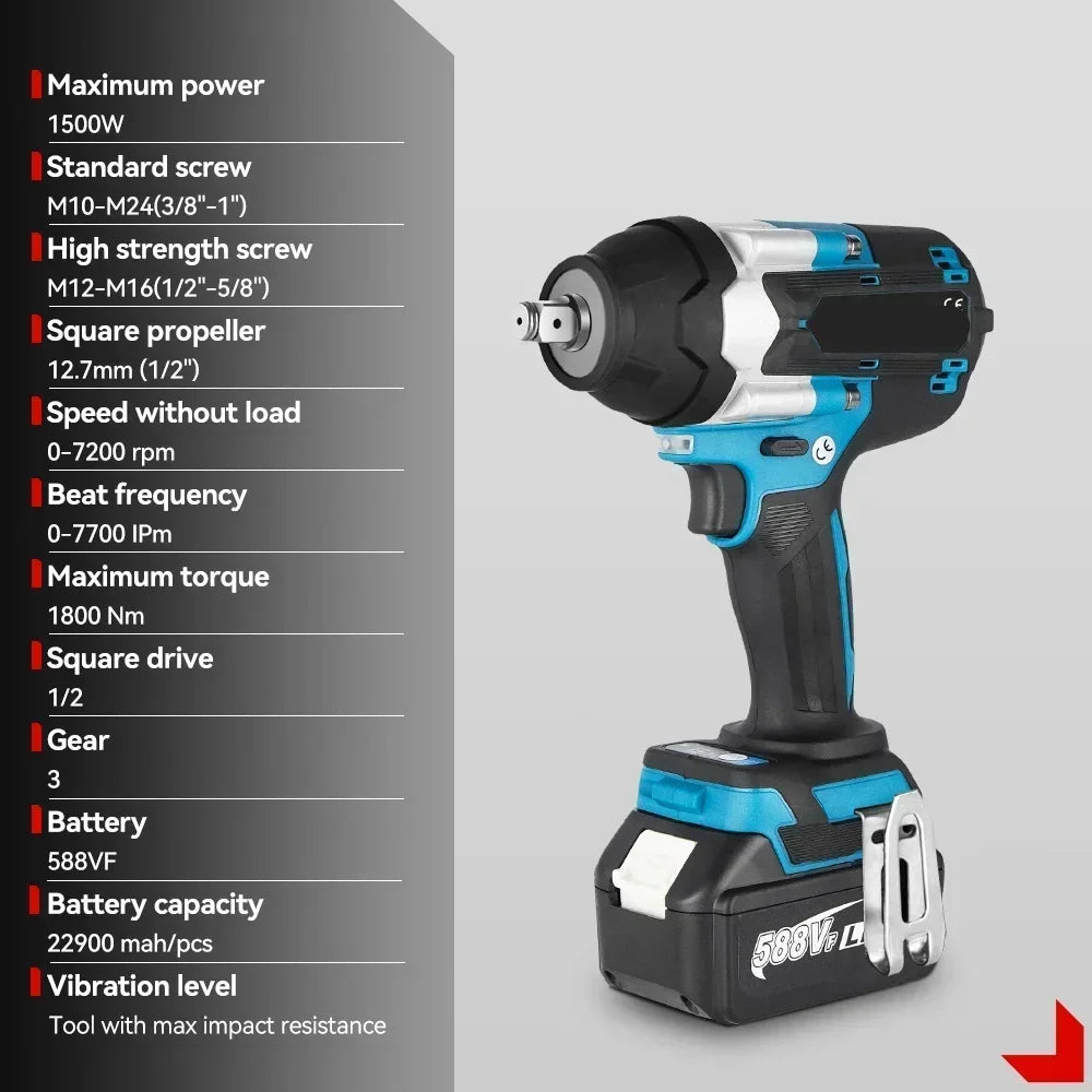 Slagmoersleutel - Slagmoermachine - Slagschroevendraaier - 1800Nm - 1/2 Inch - Krachtige - Brushless - met 2 Accu’s en EU Stekker – Voor 21V/18V Batterij