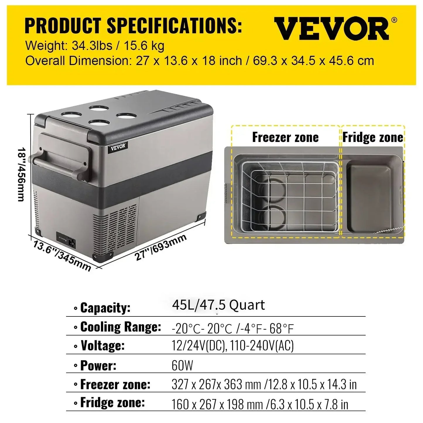 VEVOR 15-50L Car Refrigerator, 12V Car Fridge, -4℉-50℉ Adjustable Range,12/24V DC and 100-240V AC Compressor Cooler for Outdoor