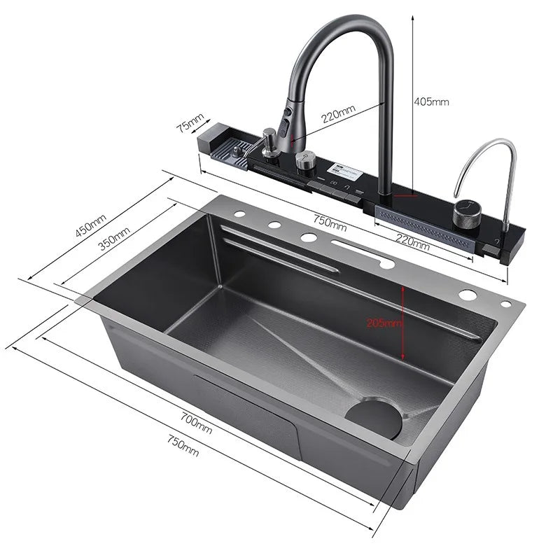 304 Stainless Steel Kitchen Sink Double Waterfall Single Slot Integrated Digital Display Faucet Set Soap dispenser Cup Washer - QUORE