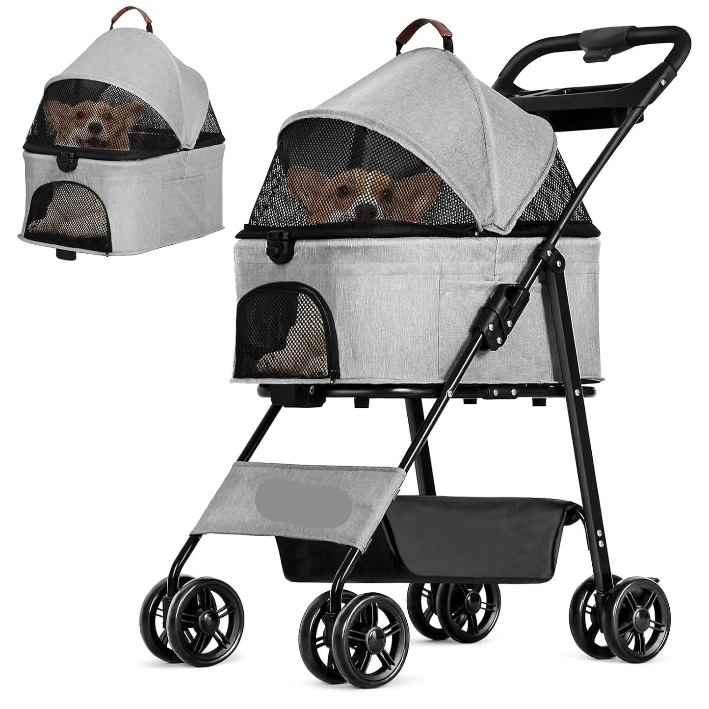 Opvouwbare Huisdierenbuggy - Hondenbuggy - Hondenwagen - Wandelwagen - Honden en katten - Draagbare - Lichtgewicht - met Veiligheidsharnas - Grijs