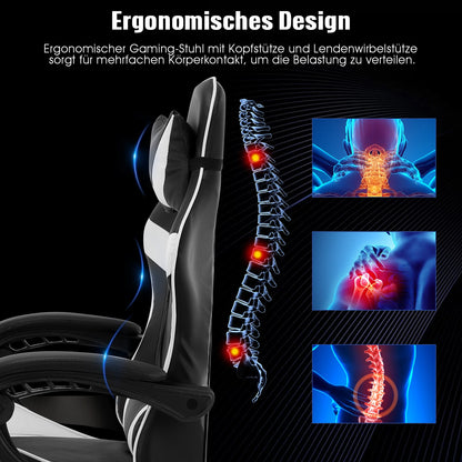 Gaming Stoel - Massage Gaming Stoel - Bureaustoel - Swivel Stoel - met Voetsteun - Hoofdsteun - Verstelbare - Rugleuning - 6-puntsmassage - Ergonomische - Draaibare - 59 x 68 - 115-125 - Zwart & Wit