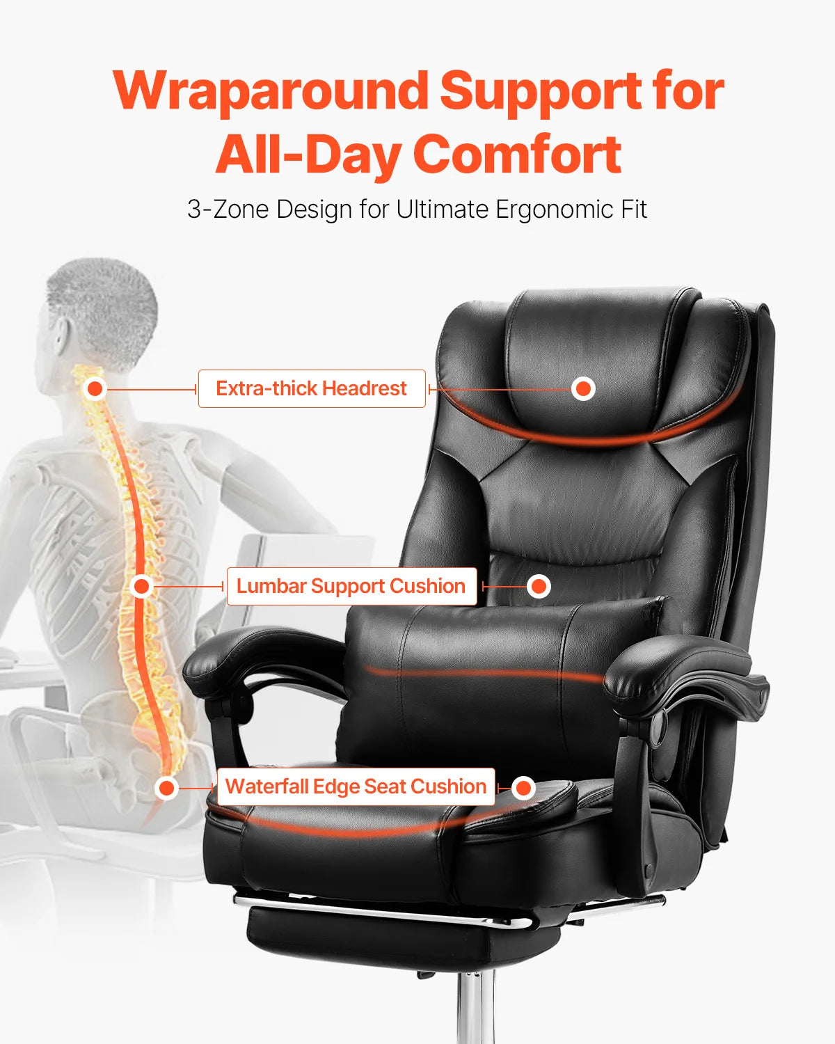 Bureaustoel – Kantoorstoel – Ergonomische Stoel – Gamingstoel – Fauteuil – Verstelbare Rugleuning tot 135° – PU-Leder Met Hoogwaardig Comfort