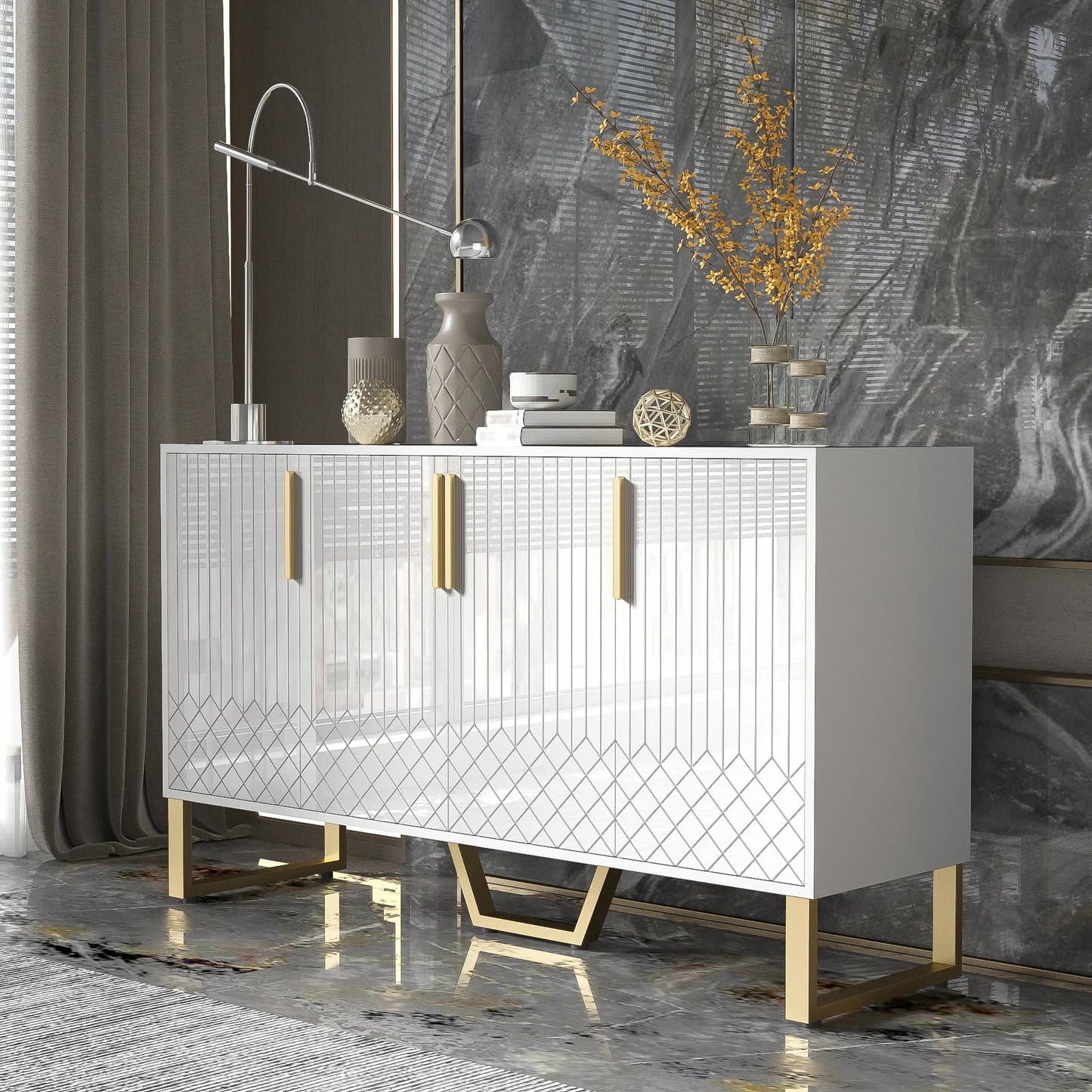 Woonkamerkast – Dressoir – Opbergkast – Sideboard – Ladekast – Hoogglans Wit – 4 Deuren Met Metalen Handgrepen – Afmetingen 140x80x40 cm