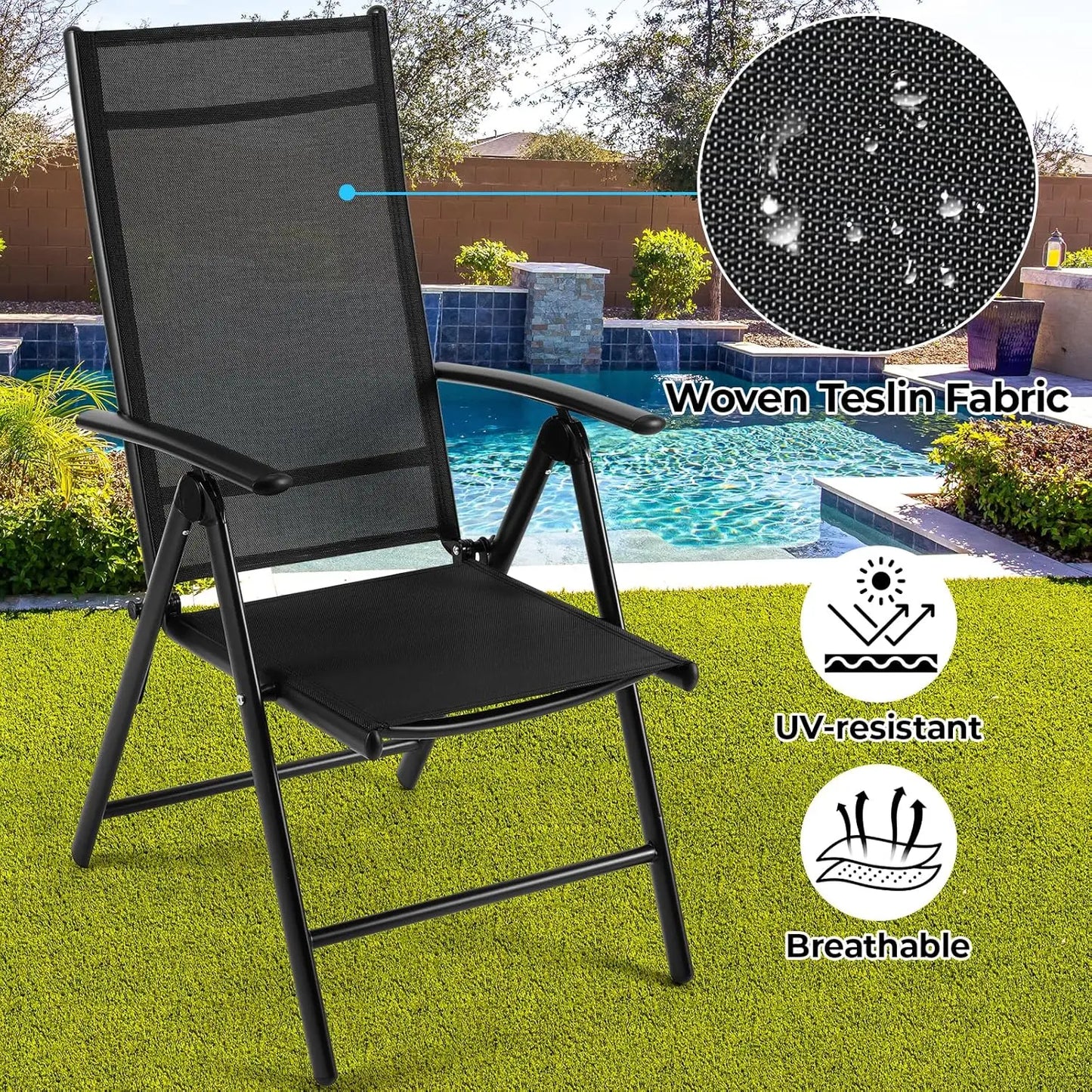 2PCS Deluxe Tuinstoelen - Aluminium Opvouwbare Stoelen met 7-Verstelbare Rugleuning en Armleuningen - Ademend Campingstoel voor Tuin - Balkon - Zwart