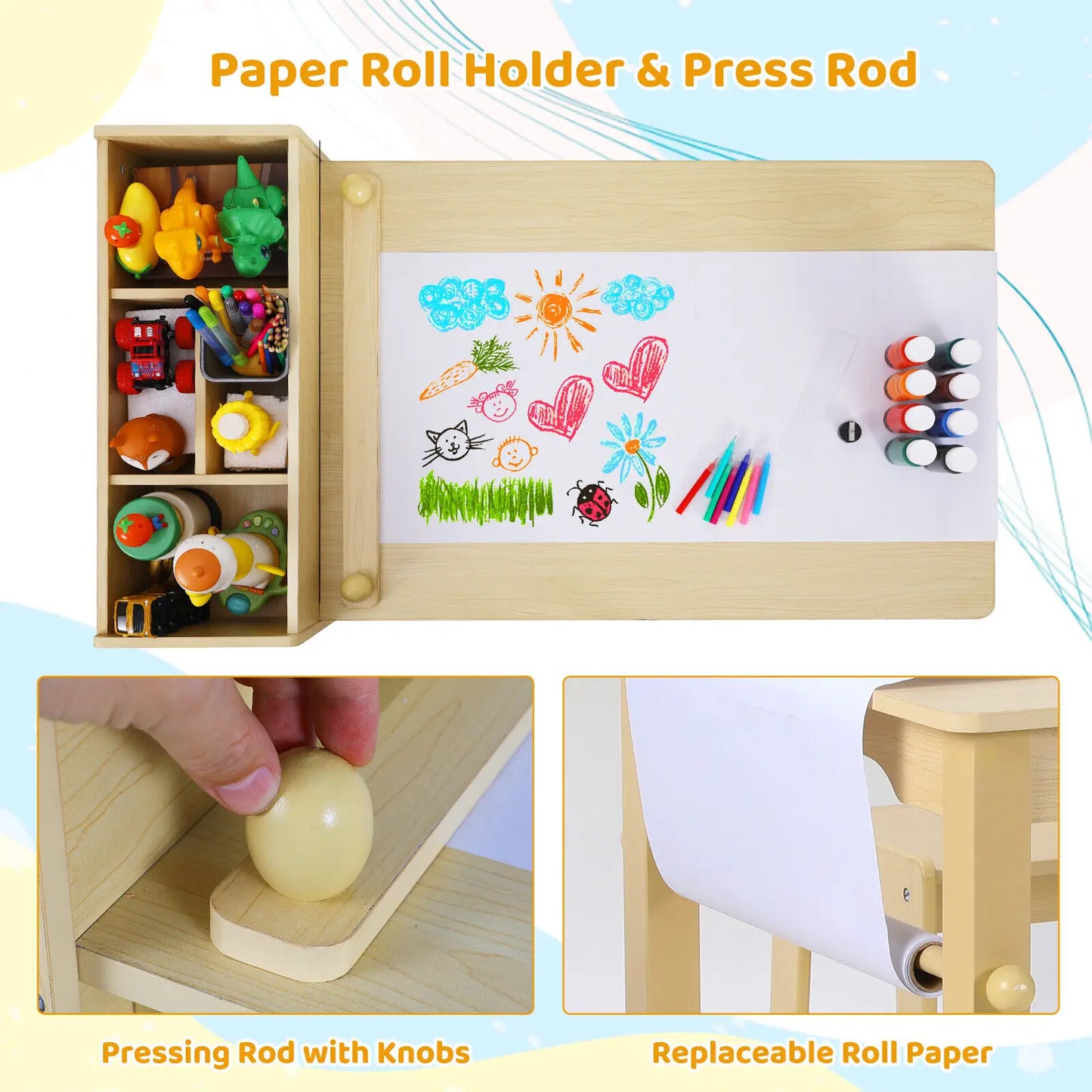 Multifunctionele Kindertafel met Stoelen – Kinderbureau met Ruime Opbergruimte & Papierrolhouder – Perfect om te Tekenen, Spelen en Leren