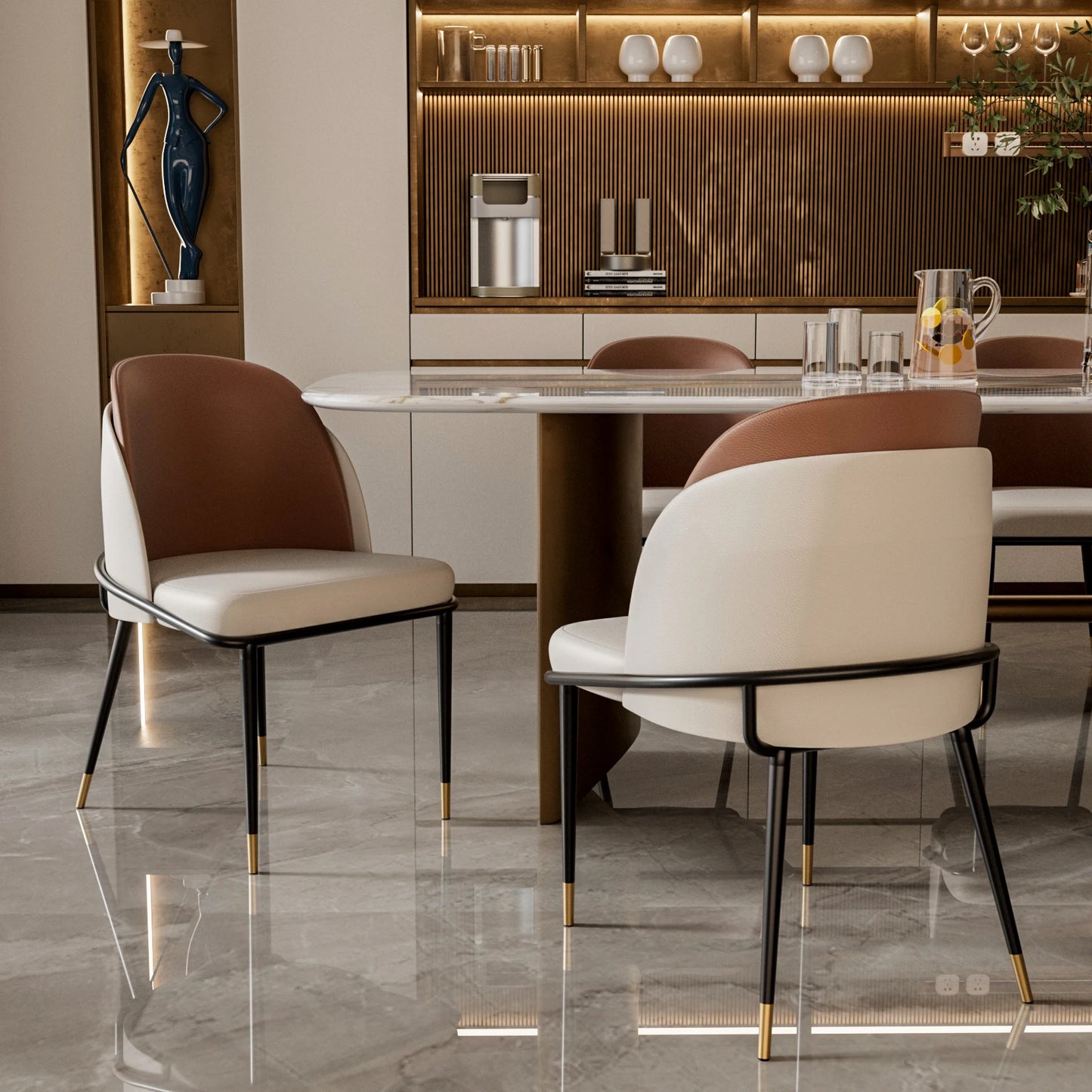 Eetkamerstoelen - Set van 2 - Kunstleren Bekleding - Comfortabel - Modern Design - Houten Rugleuning - Ergonomisch Ontwerp - Bruin Gebroken Wit - QUORE