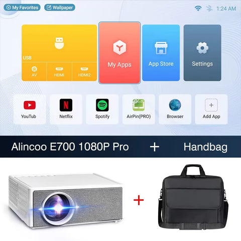Alincoo - E700 - Beamer - Projector Beamer - Mini Meamer - 4k - Full HD 1080P - 1920x1080dpi - Automatische focus - 5G - met WiFi - 28000 Lumens - Wit