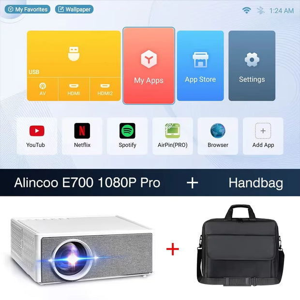Alincoo - E700 - Beamer - Projector Beamer - Mini Meamer - 4k - Full HD 1080P - 1920x1080dpi - Automatische focus - 5G - met WiFi - 28000 Lumens - Wit