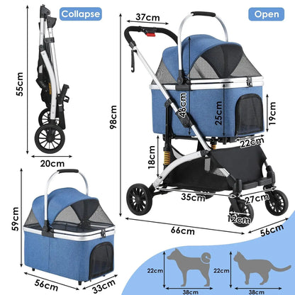 Hondenbuggy - Hondenwagen - Hondenkar - Hondenbuggy Inklapbare - 4-in-1 - Huisdierenbuggy - Afneembare Draagtas & Autostoel – Aluminium Frame – Honden- en Kattenwagen - Bruin en Zwart