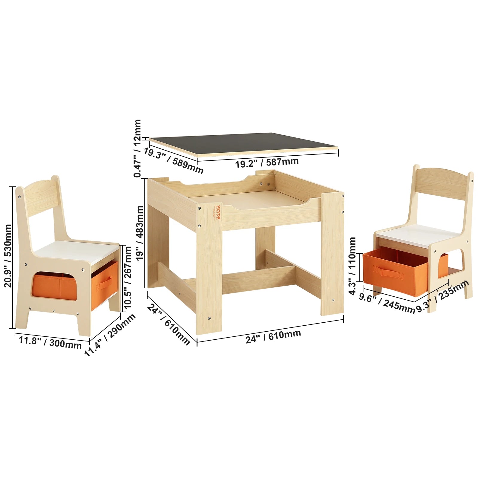 Kindertafel - Kindertafel en Stoeltjes - Kindertafel en Stoelen Set – Houten Activiteitentafel - met Opbergruimte - Dozen - voor Kunstambacht - Lezen - Leren - 61 x 61 x 48.3 cm - Zwart/Houtkleur - QUORE
