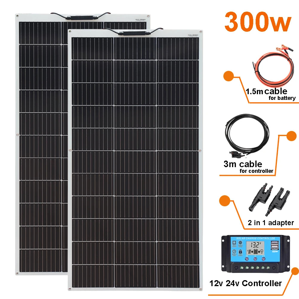 Zonnepaneel - Zonnepanelen - Monokristallijn - Flexibel - Buigzaam - Waterdicht - 300W - 2 Stuks Kit - voor Dak - Camper - Boot - Caravan - Off-grid Systeem
