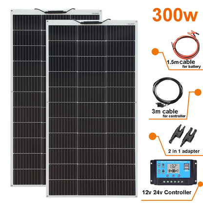 Zonnepaneel - Zonnepanelen - Monokristallijn - Flexibel - Buigzaam - Waterdicht - 300W - 2 Stuks Kit - voor Dak - Camper - Boot - Caravan - Off-grid Systeem