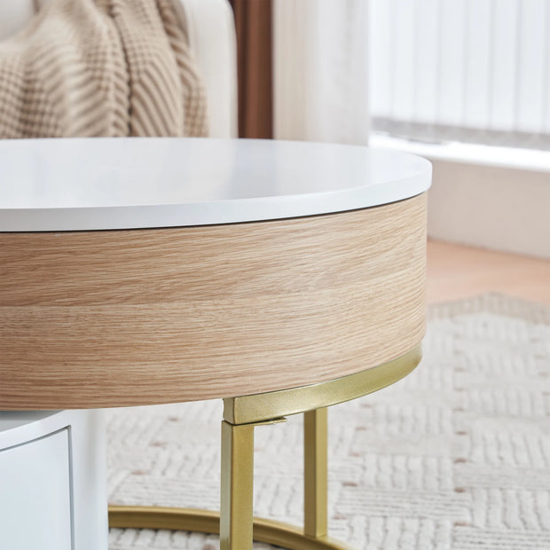 2-delige Salontafel Set - Wit &amp; Houtkleur - Inklapbare Nesting Tafel met 2 Lades - Verstelbare Hoogte - Woonkamer