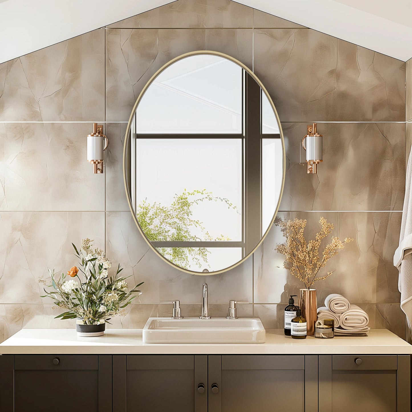 Badkamerspiegel - Ovale Gouden - Wandspiegel – Luxe Goudkleurige Spiegel - met Metalen Frame - Eenvoudige Wandmontage - Geel