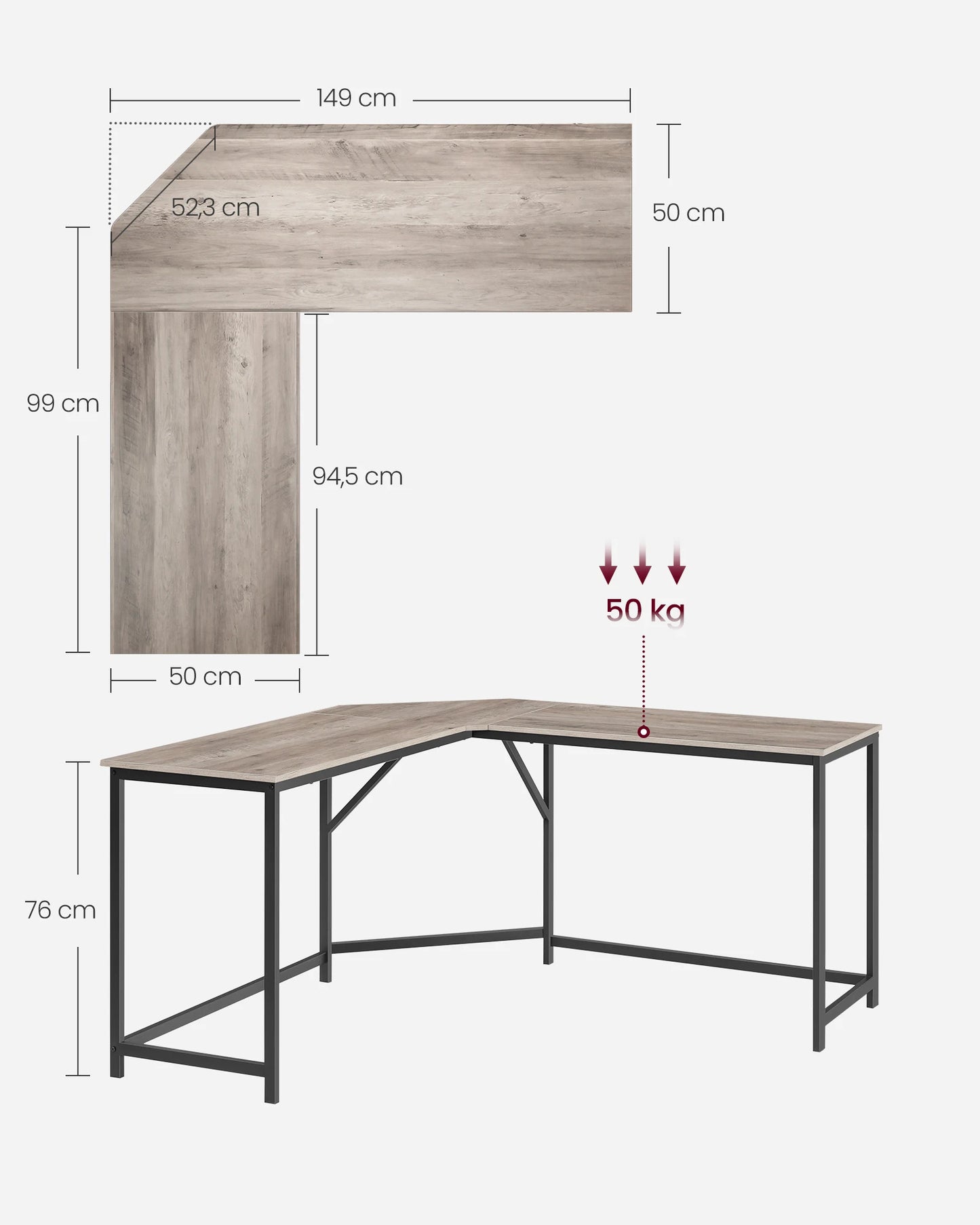 Computer Bureau - L-Vorm - Hoekbureau - Gaming Tafel - Computer Tafel - 149x149x75cm - Stabiel Bureau - Verstelbare Poten - 2 Open Planken - Donker Kaki - QUORE