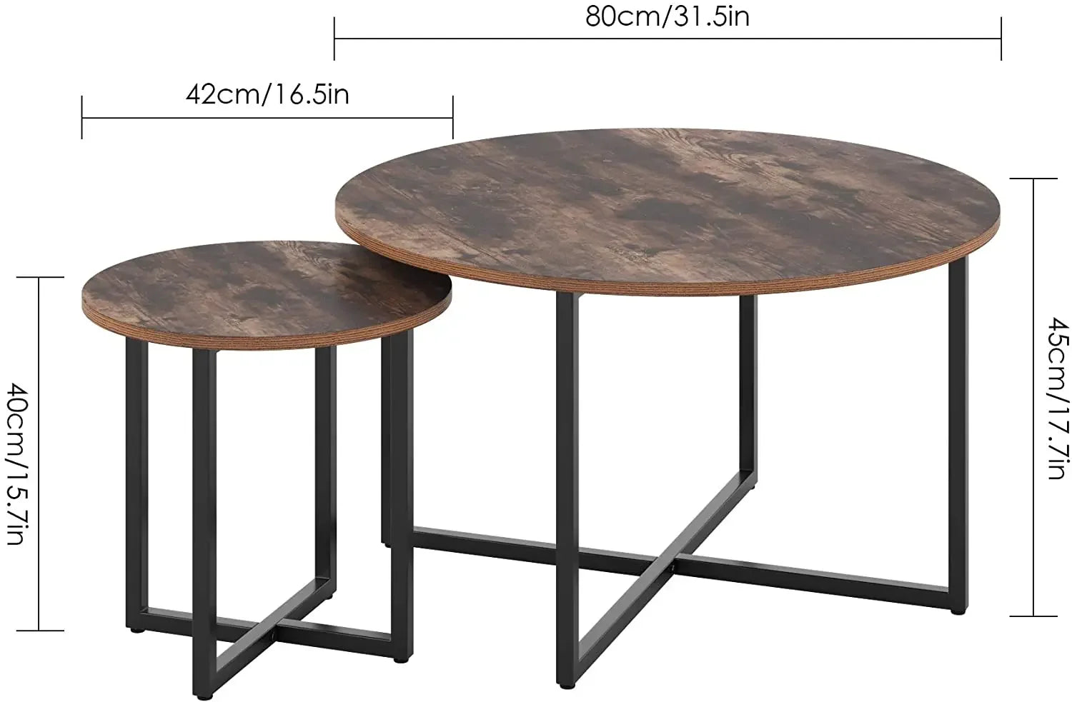 Salontafel - Middelste Tafel - Koffietafel - Woonkamertafel - 2 Stuks - Hout Rond Tafelblad - X-vormig Metaalen Poten - Duurzaam - Stabiel - Ø80 x 45 cm & Ø42 x 40cm - Hout & Zwart - QUORE