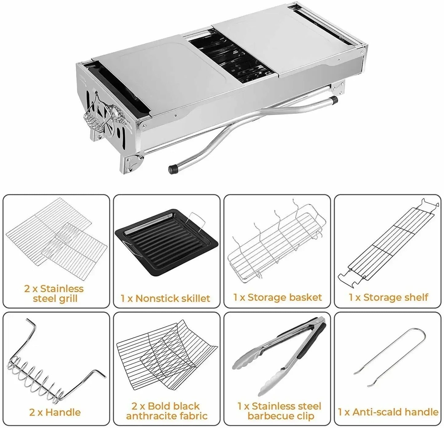 BBQ - BBQ Houtskool - Barbecue - Grill - RVS - met Dubbele Opklapbare Zijkanten, Antiaanbakpan en Verstelbare Ventilatie – Draagbare Camping BBQ - Zilver