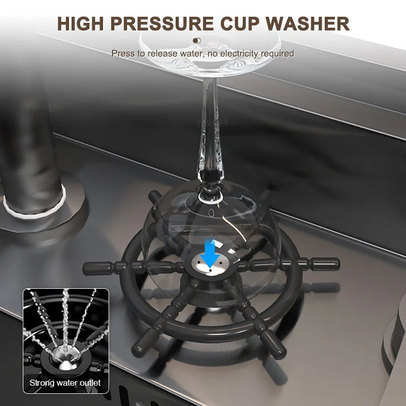 Hidden Cup Washer Stainless Steel Kitchen Sink Small Single Tank With Lid Multifunctional Bar Balcony Wash Basin