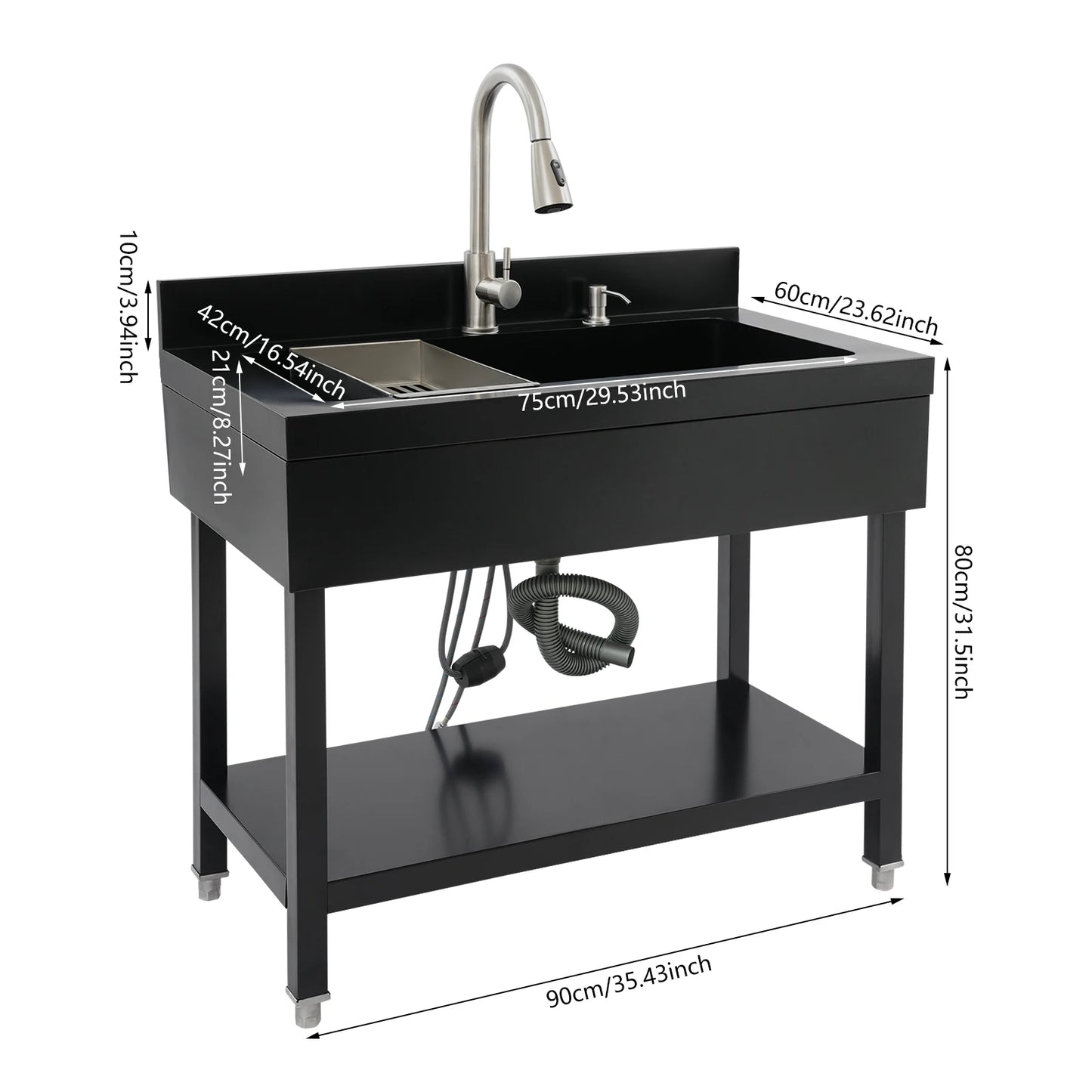Keukenspoelbak – Spoelbak – Gootsteen – Wasbak – Enkele Spoelbak – Vrijstaand – Roestvrij Staal – Groot Bassin 75x42 cm – Zwarte Afwerking - QUORE