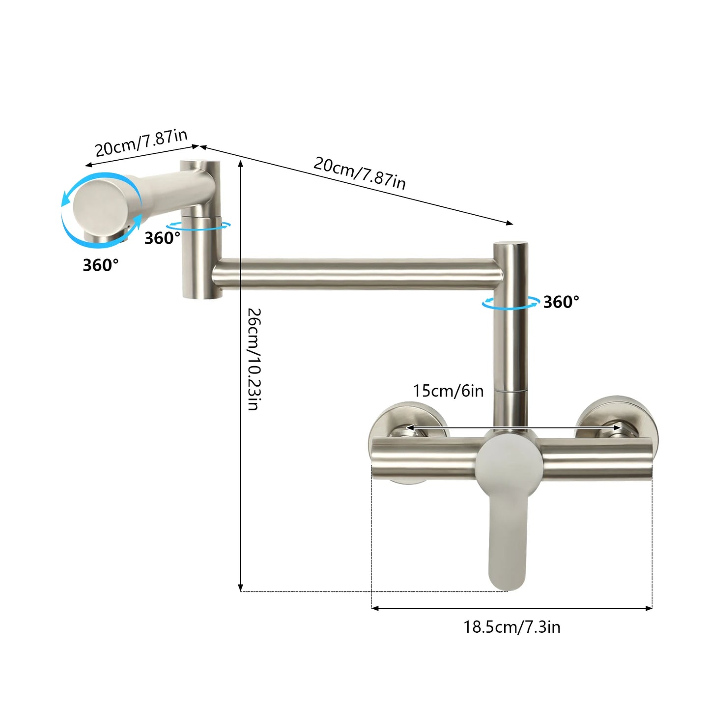 Faucet - Basin Faucet - Swivel Faucet Kitchen - Swivel Spout - Mixer Tap for Bathroom or Kitchen - Wall Mounted 360 ° - 1.33 kg - Silver