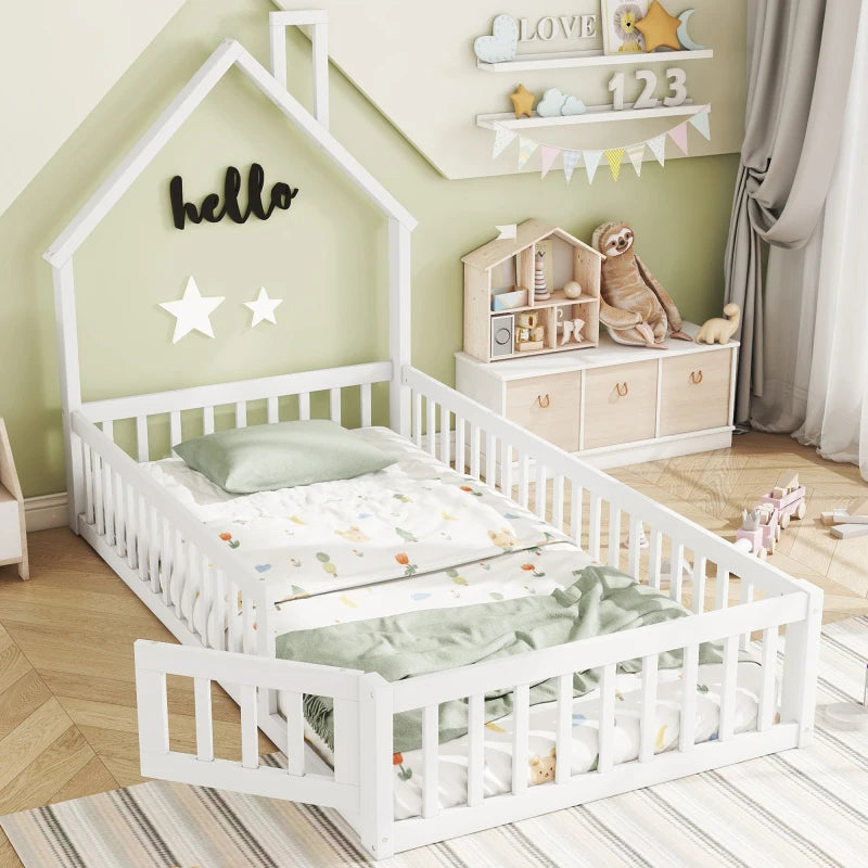 Kinderbed Tweepersoonsbed - Bed in Huis Design met Schoorsteen - Massief Houten - Bed met Lattenbodem -  90 x 200 cm  –  Wit