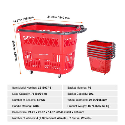 Winkelmandje - Winkelmand - Winkelwagen - Winkelkar - op Wieltjes - 39L Inhoud met Handgreep voor Supermarkten en Winkels - Boodschappentrolley - Boodschappenwagen - Set van 6 - Rood