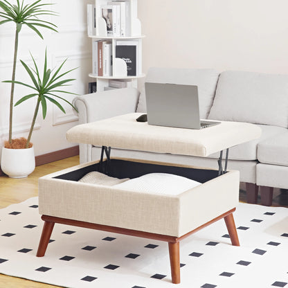 Salontafel – Opbergtafel – Tafel Met Opbergruimte – Verstelbare Salontafel – Liftbaar Tafelblad – Massief Houten Frame - 80 x 60 x 48 cm - Beige