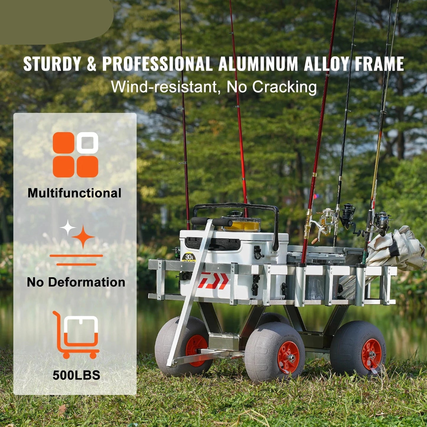 Opvouwbare Strandviskar - Strandwagen - Bolderkar - Camping Trolley - Outdoor Aanhangwagen - 500lbs - Viskar - met 8 Hengelhouders - 11" Wielen - Vistent - voor Strand - Steiger & Camping