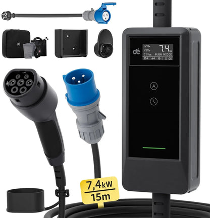 7,4 KW Draagbare Ev-Lader – Elektrische Auto Oplader – Laadpaal – Type 2 Charger – Mobiele Laadkabel 15M – Instelbare Laadstroom 6-32A – Digitale Timer Met Display