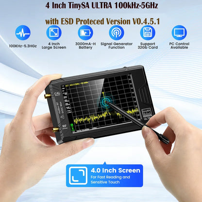 TinySA - Spectrumanalysator - Whadda Educatieve Soldeerkit - Oscilloscoopkit voor PC - Transient recorder - 100KHz - 5.3GHz - 32GB -  320 * 240 pixels - Zwart