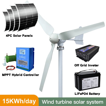 Windturbine - Windmolen - Windturbine Generator - Windenergie - 4000W - 48V - met LCD Hybride Controller - Stille en Efficiënte 3-Bladige Oplossing - Horizontale  -  Geluidsarme Windgenerator voor Huishoudelijk Gebruik