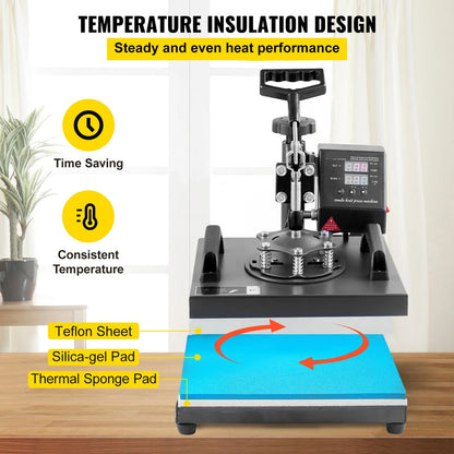 Warmtepers 2-in-1 – Sublimatiepers – Transferpers – T-shirtpers – Pettenpers – Digitaal LCD Scherm – Vlak Persvlak 25,4x30,5 cm