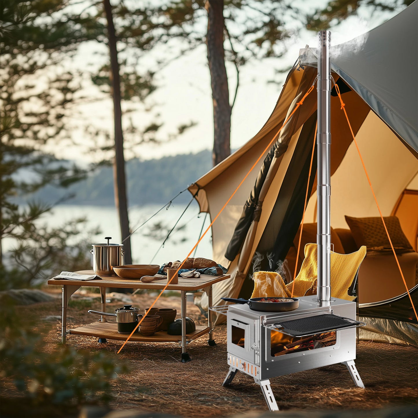 Camping Houtkachel - Houtkachel Stove - Draagbaar Houtkachelfornuis - Outdoor Houtkachel - RVS - Lichtgewicht - Houtskool Barbecues - voor Tentverwarming & Outdoor Cooking - Zilver - QUORE