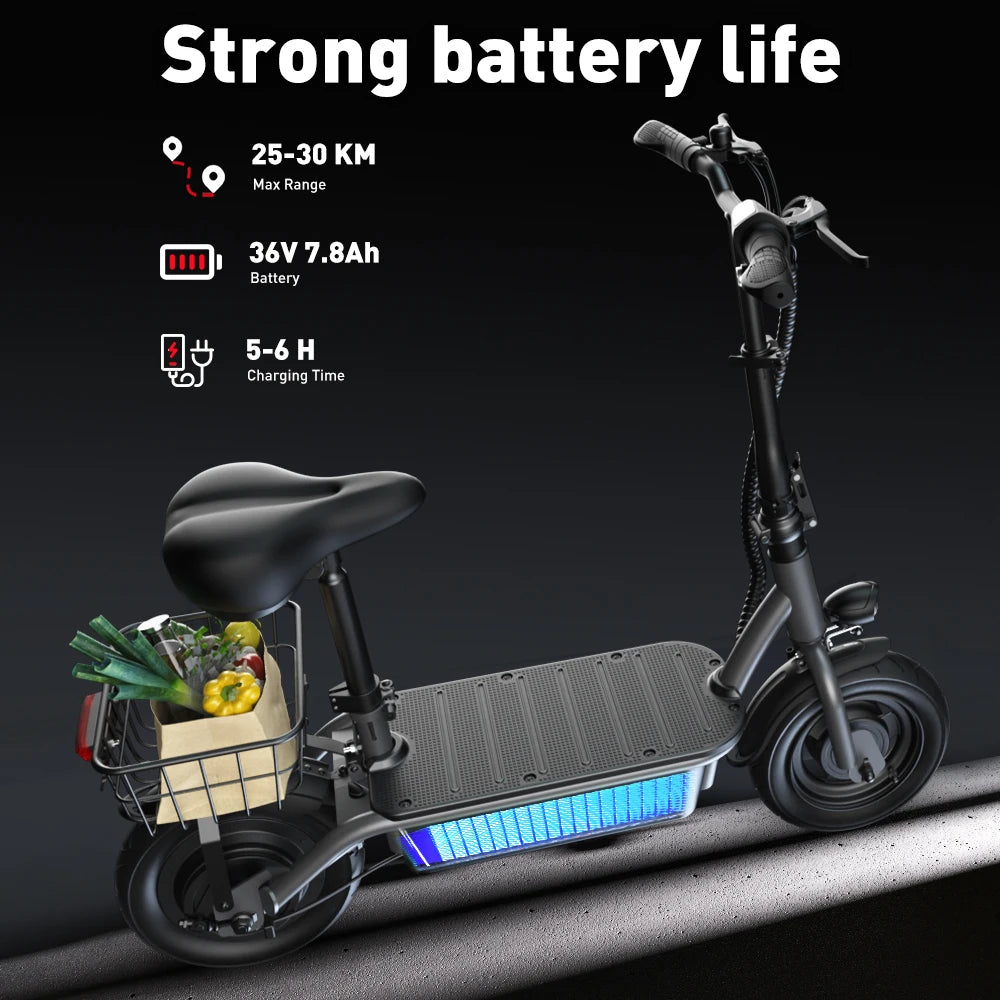 Scooter - Elektrische Step - E-Scooter - Opvouwbare - met Koplampen - Achterlichten - Mand - Verstelbare Stoel - 7.8Ah - 500W - 36V - 30km/h - 110 x 95 cm - Zwart