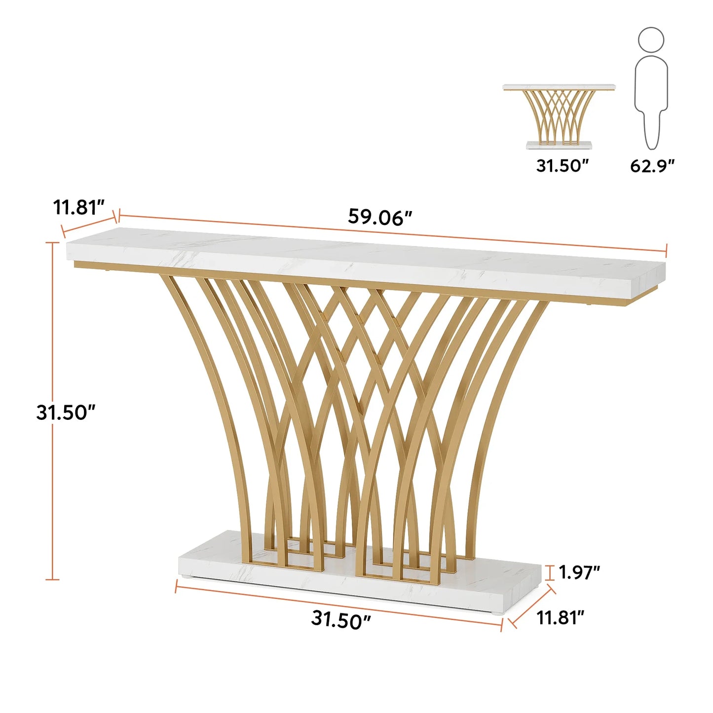 Consoletafel - Wandtafel - Haltafel - Sidetafel - Moderne Stijl - met Rastervormige Metalen Voet - Stevig Metalen Frame - voor Entree - Hal - Woonkamer - Staal - 30 x 150 x 80 cm - Wit & Goud - QUORE