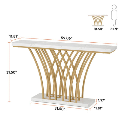 Consoletafel - Wandtafel - Haltafel - Sidetafel - Moderne Stijl - met Rastervormige Metalen Voet - Stevig Metalen Frame - voor Entree - Hal - Woonkamer - Staal - 30 x 150 x 80 cm - Wit & Goud - QUORE