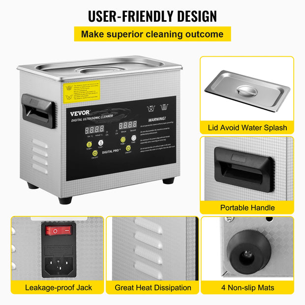 Vevor - Ultrasonic cleaner - Portable - Upgraded - Lave-Dishes - Frequency 40kHz - 220V - Cleaning device for jewelry and glasses - Stainless steel - Capacity 10L - Silver