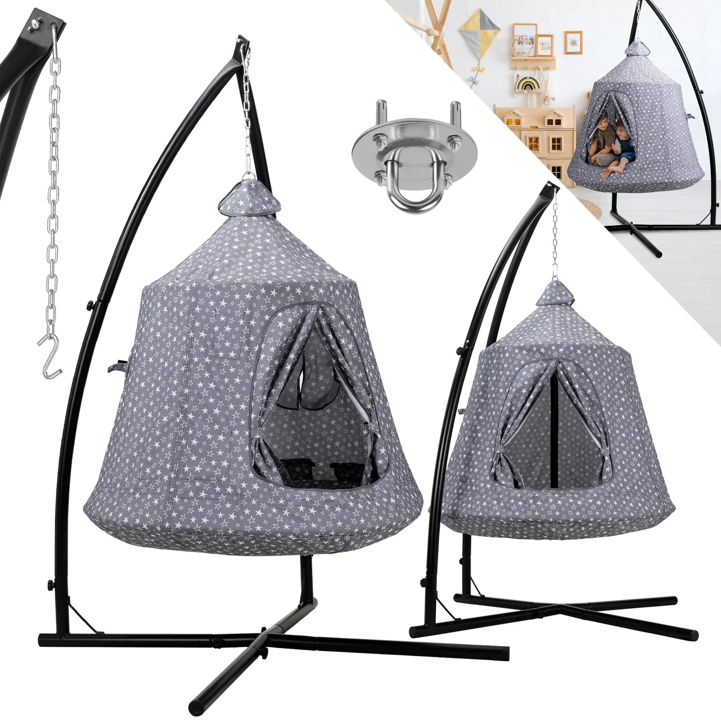 Hangstoel Met Standaard – Boomtent – Speelstoel – Kinderstoel – Stevig Staal – Weerbestendig Oxford – Inclusief LED-Verlichting