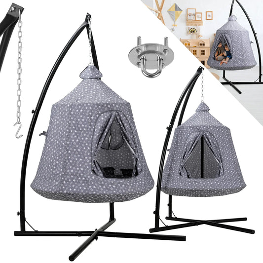 Hangstoel Met Standaard – Boomtent – Speelstoel – Kinderstoel – Stevig Staal – Weerbestendig Oxford – Inclusief LED-Verlichting